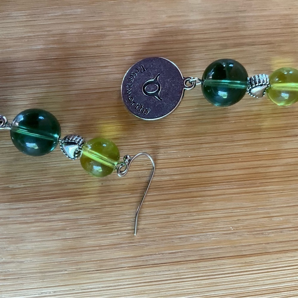 Hand Crafted Zodiac Earrings Taurus Charm Green Lime Beads Silver Heart Pierced - Picture 9 of 9